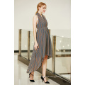 V Neck cintura alta plissada Smocking alta baixa Hem Swing Chiffon Dress